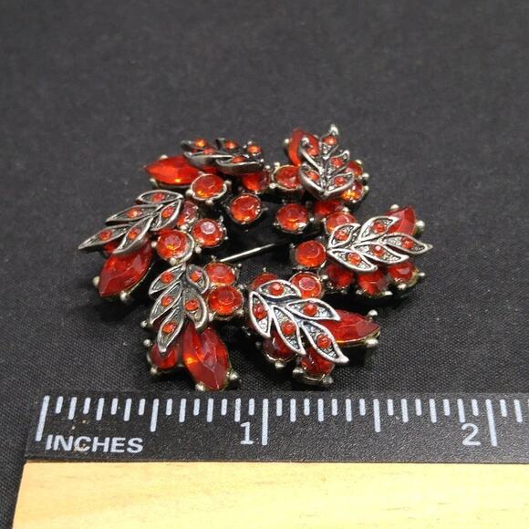 Small Red Rhinestone Silver Wreath Brooch, 1 3/4 Inches - Picture 4 of 5